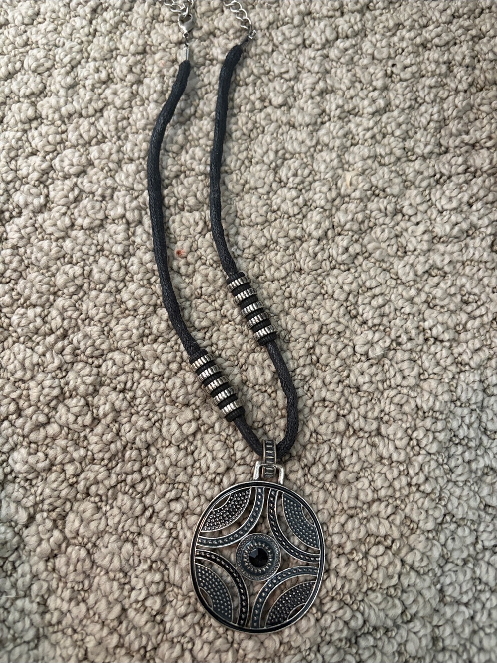Black Cord Necklace with Ornate Silver Pendant
